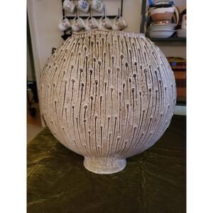 MCM 70s Round Ceramic Vase with Textured Drip Design, Signed Pottery Decor